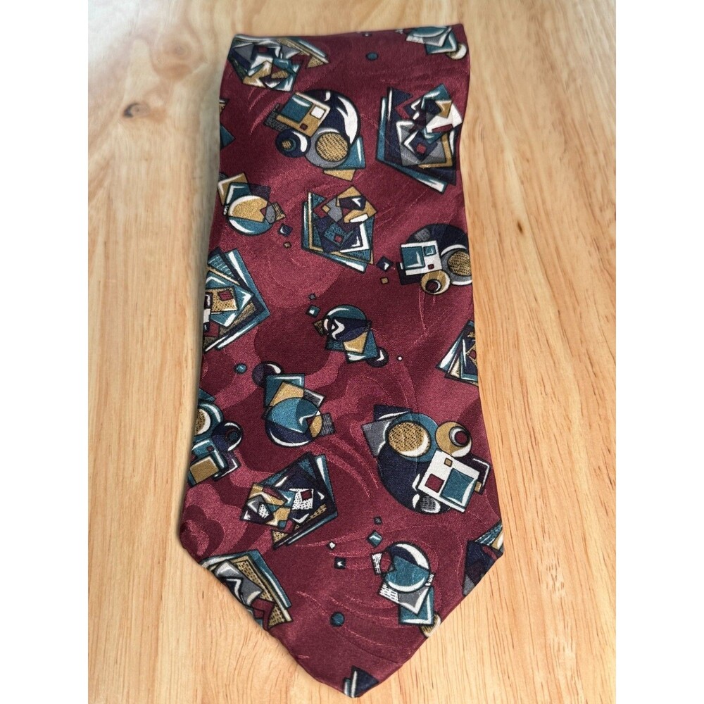 Cezani Vintage Abstract Silk Tie Burgundy Teal Art 90s Statement Necktie
